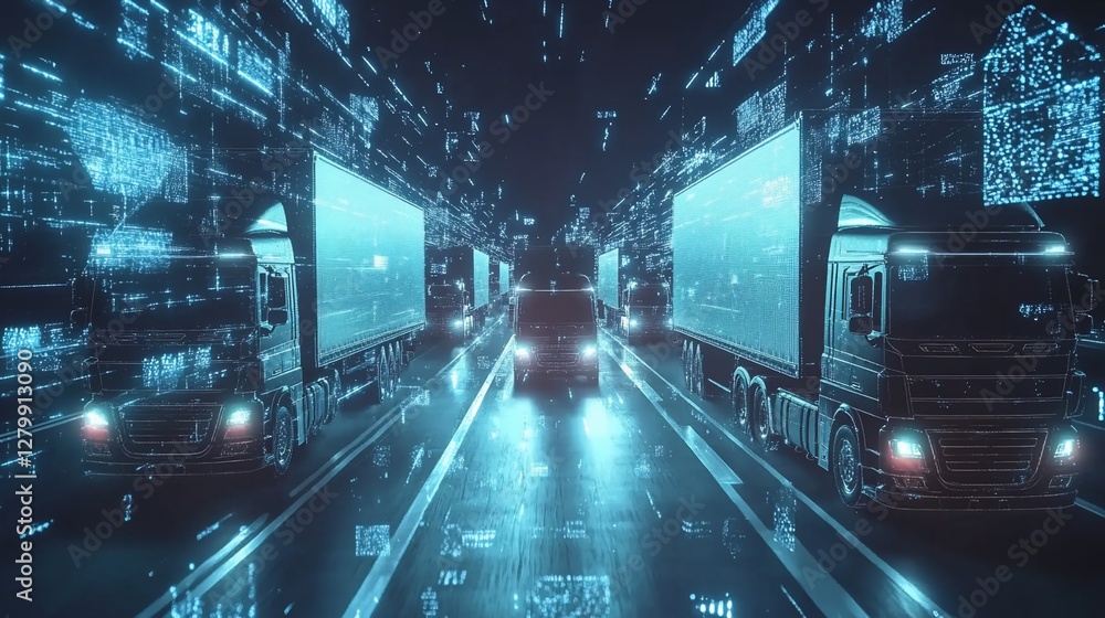 Fototapeta premium Digital trucking convoy, data highway, futuristic logistics