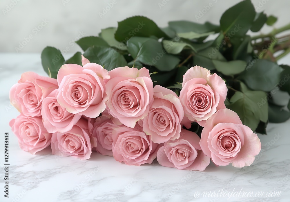 Delicate Pink Roses on a Light Marble Surface with Lush Green Leaves and Beautiful Petals Capturing Elegance and Romance in Natural Light Delicate Pink Roses on a Light Marble Surface with Lush Green Leaves and Beautiful Petals Capturing Elegance and Romance in Natural Light