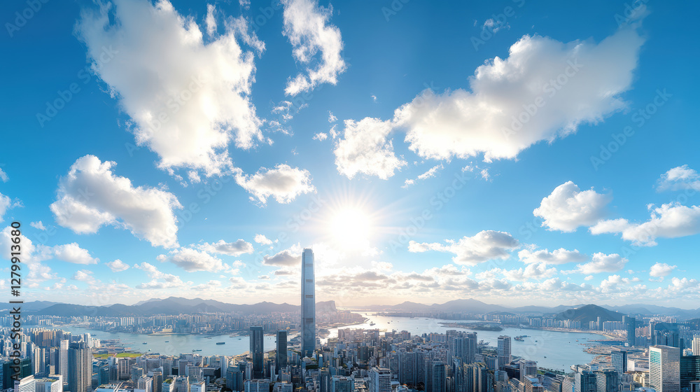 Fototapeta premium Aerial view of vibrant cityscape with skyscrapers and bright sun