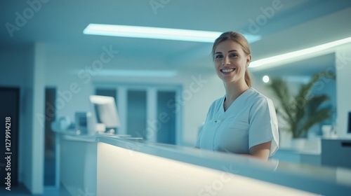 Medical receptionist at a clinic front