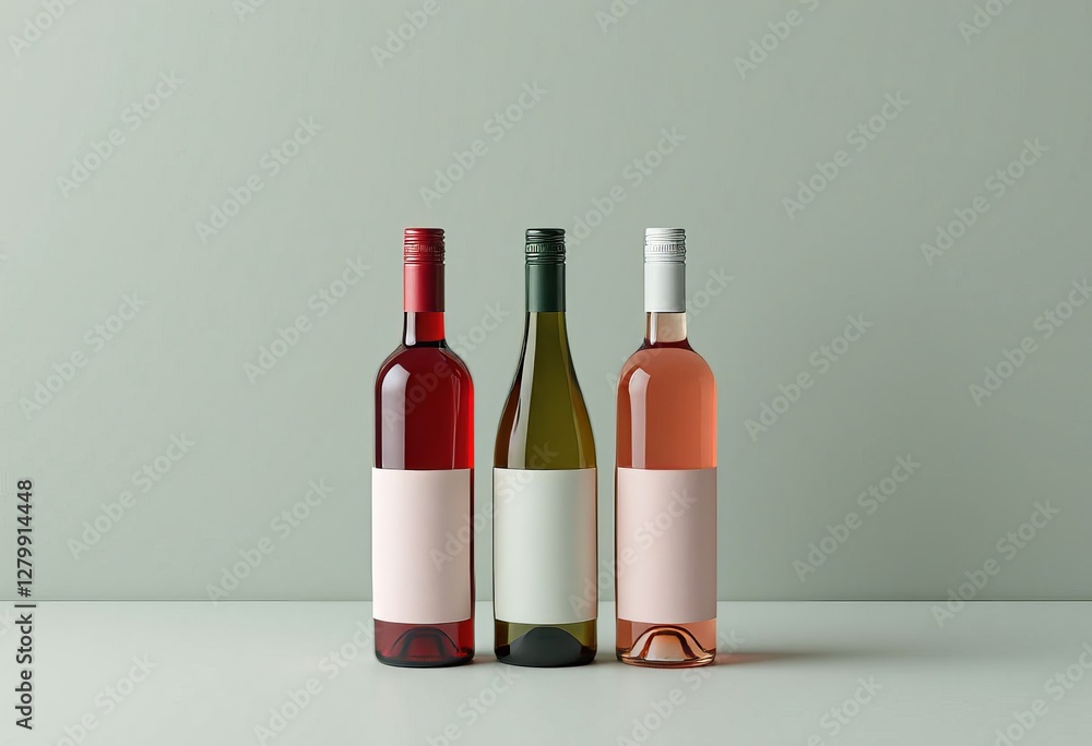 Wine bottles, red, green, and ros?, blank labels Wine bottles, red, green, and ros?, blank labels