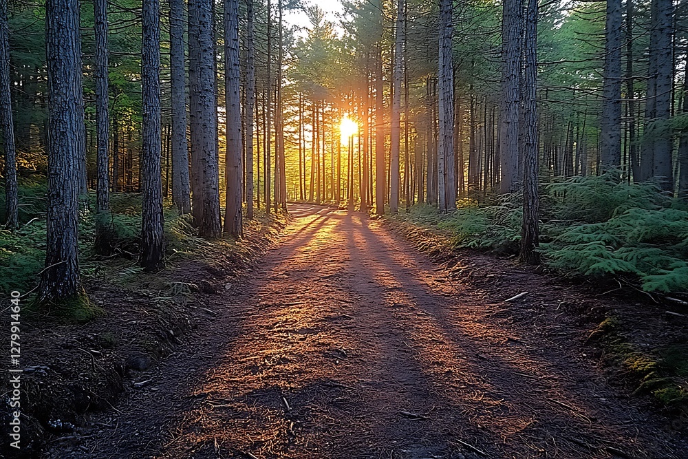 Obraz premium Forest in the morning in a fog in the sun, trees in a haze of light, glowing fog among the trees