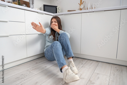 Young woman having panic at...