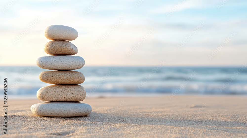 Stacked stones on beach at sunset create serene atmosphere Stacked stones on beach at sunset create serene atmosphere