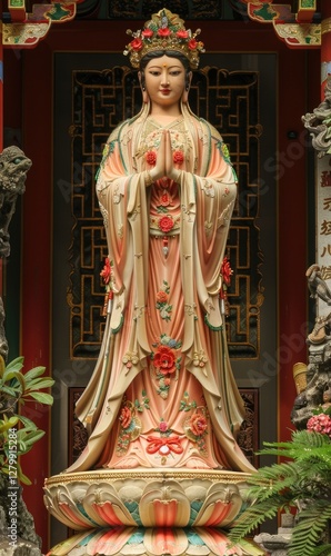 Mazu devotion: sea goddess veneration, Chinese folk religion, divine protector, Buddhist influence, Taoist belief, Fujian heritage, maritime guardian, temple festival, cultural tradition. photo