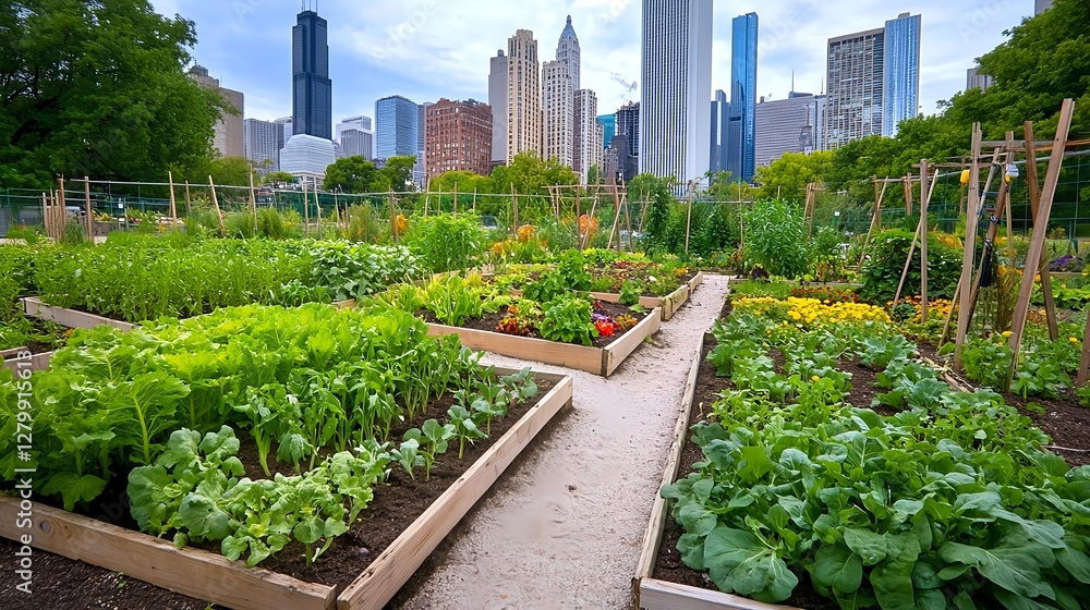 Urban Rooftop Garden with City Skyline - Urban Farming Urban Rooftop Garden with City Skyline - Urban Farming