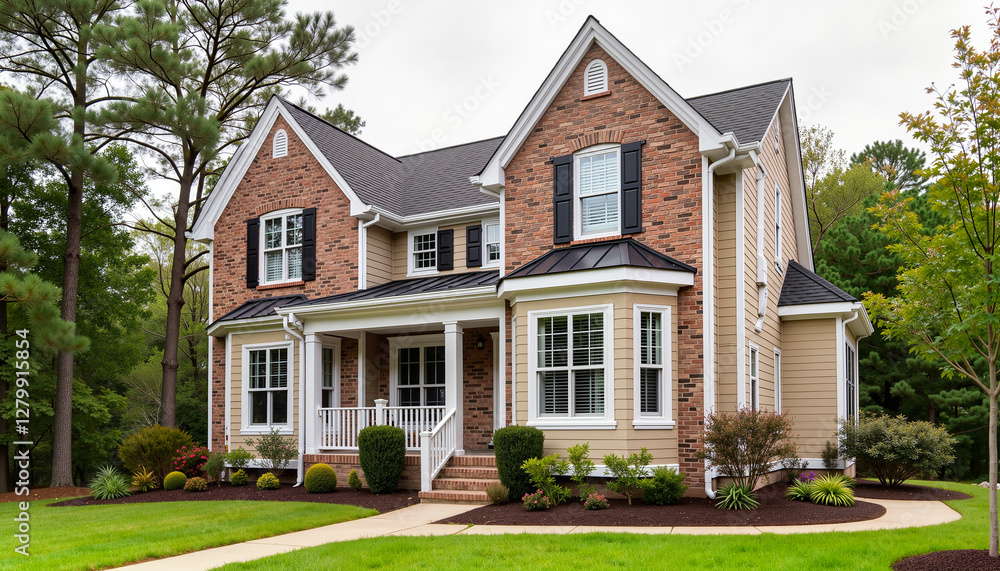 Obraz premium Charming suburban home with landscaped garden, welcoming ambiance