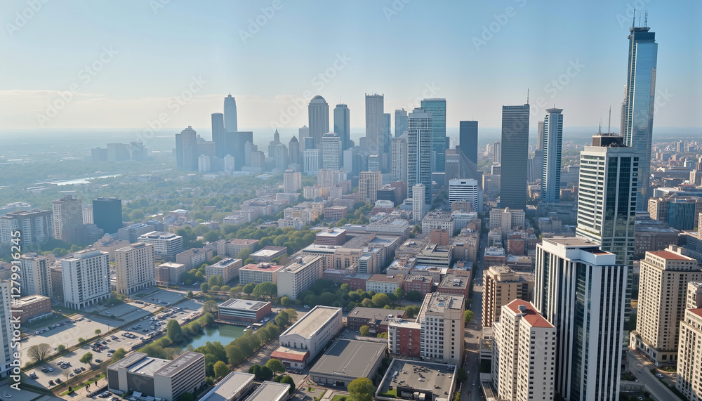 Fototapeta premium Aerial view of Dallas skyline under clear blue sky, urban landscape