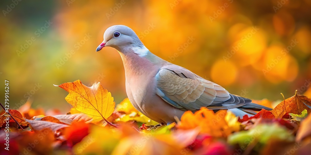 A solitary dove, a whisper of grey, amidst rustling autumn leaves. A solitary dove, a whisper of grey, amidst rustling autumn leaves.
