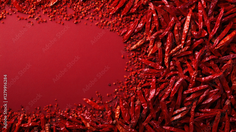 Naklejka premium Dried red chili peppers scattered on vibrant red background create striking visual. rich color and texture evoke sense of warmth and spice, perfect for culinary themes
