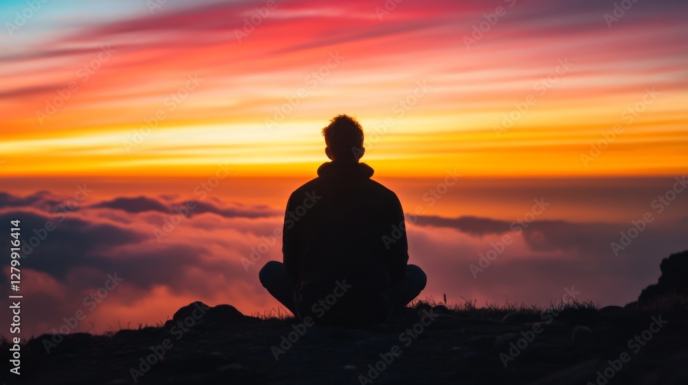 Person meditating atop mountain at sunset Person meditating atop mountain at sunset