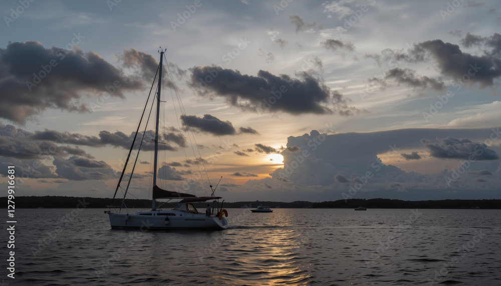 Sailboat drifting on calm waters at sunset, tranquility and escape