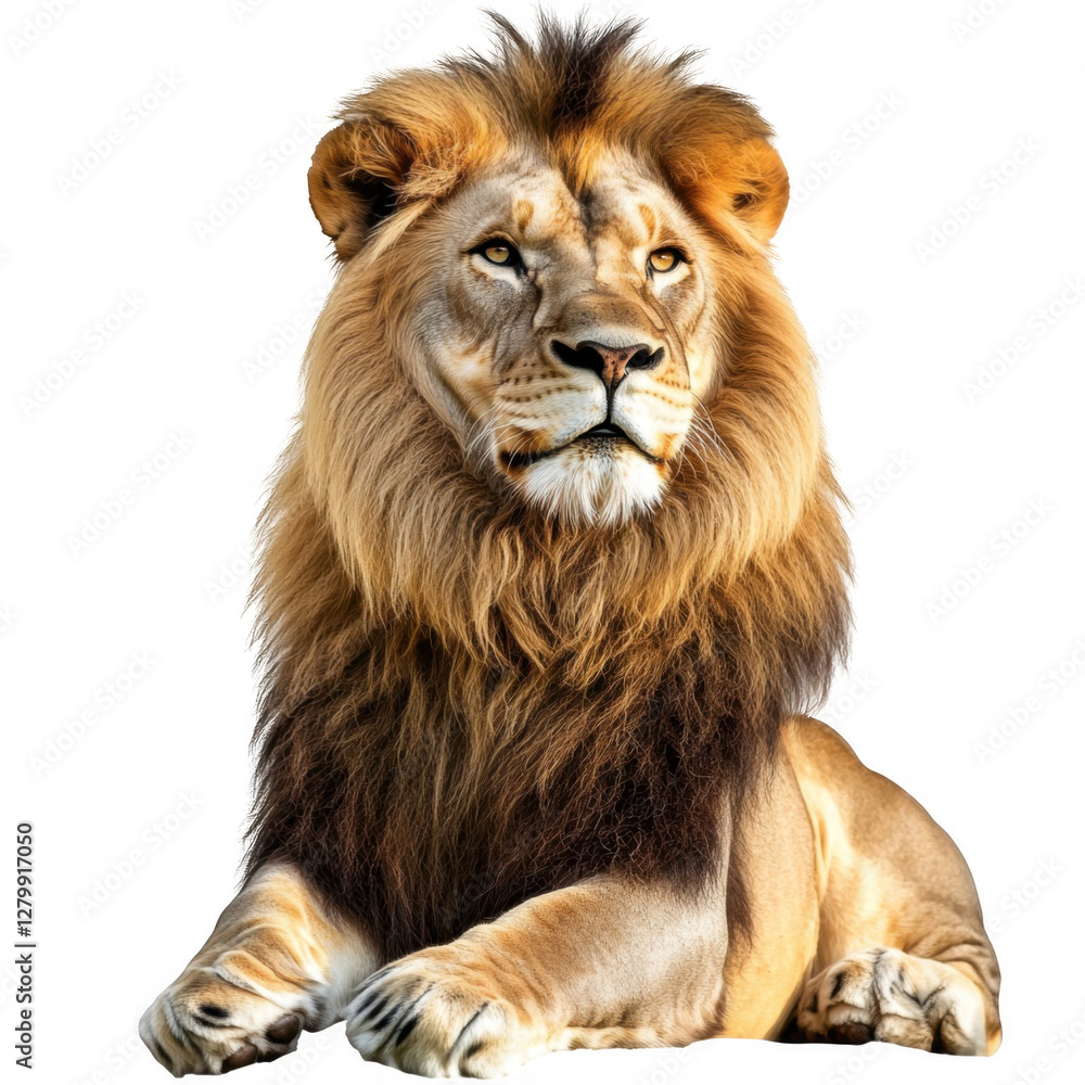 Majestic Lion with Flowing Mane Resting on Ground in Sunlight Majestic Lion with Flowing Mane Resting on Ground in Sunlight