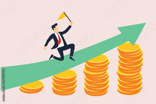 Investment profit and earning, stock market growth or fund flow depend on interest rate and inflation concept, businessman investor, fund manager holding flag lead money coins running up rising graph