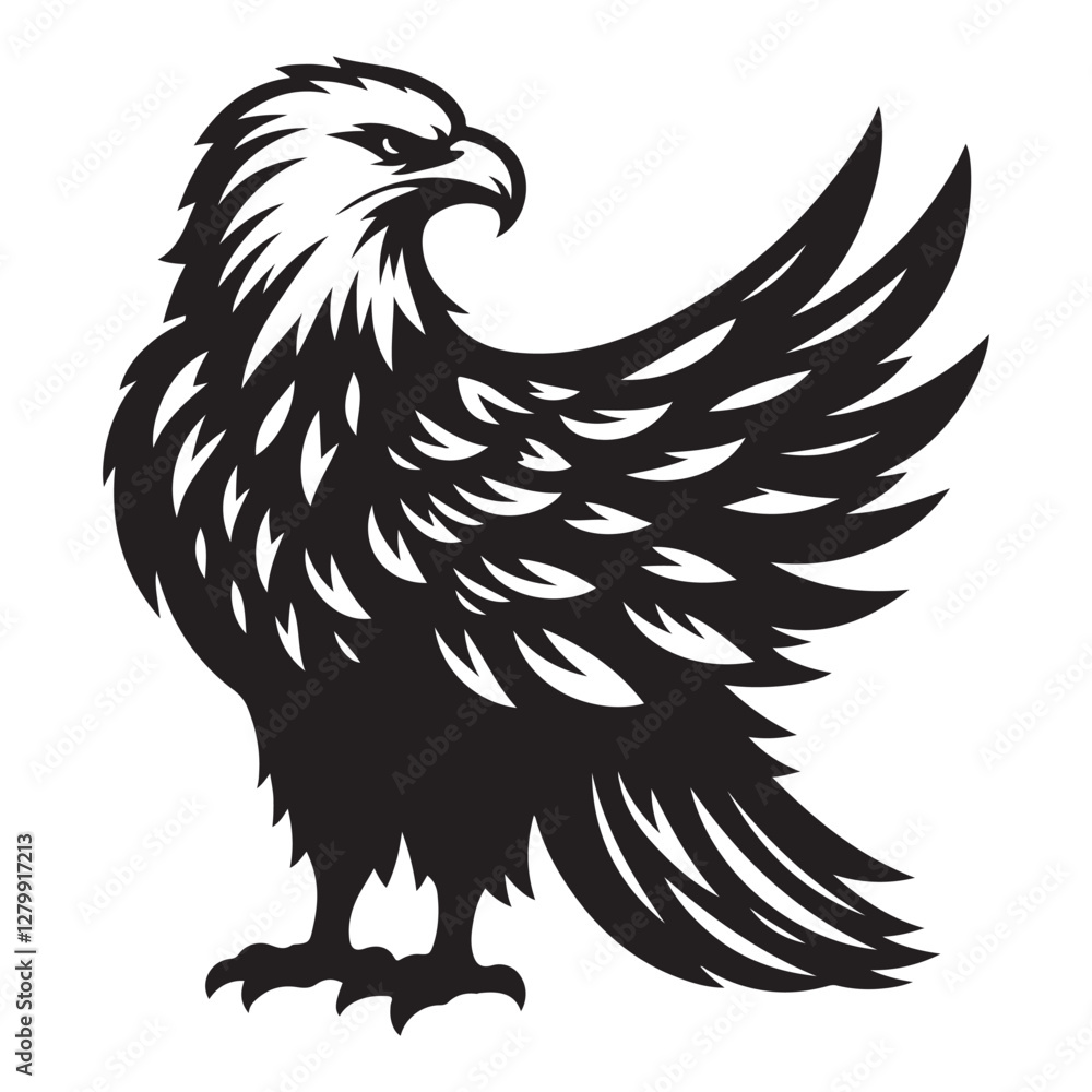 Fototapeta premium Bald Eagle Bird Silhouette Vector Illustration, Solid White Background.