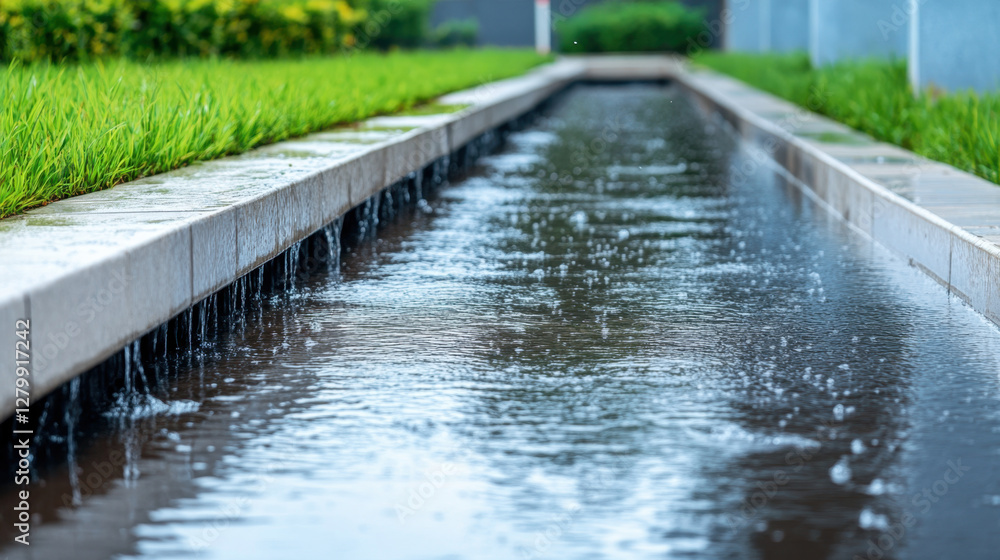 Water flows through modern drainage system surrounded by lush green grass, showcasing effective stormwater management in industrial setting Water flows through modern drainage system surrounded by lush green grass, showcasing effective stormwater management in industrial setting