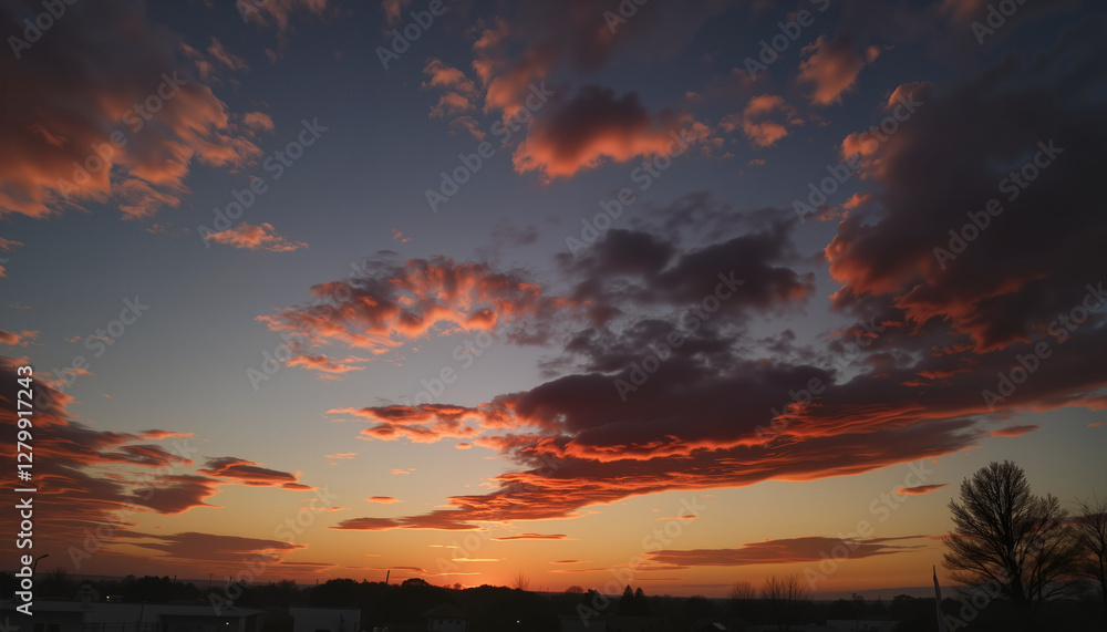 Obraz premium Stunning sunset with vibrant clouds over cityscape, serene beauty