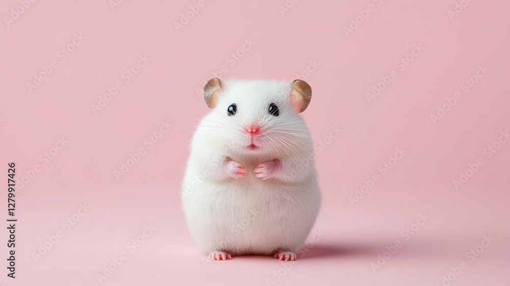 cute white hamster with small ears and round body stands on pink background, showcasing its adorable features and playful demeanor cute white hamster with small ears and round body stands on pink background, showcasing its adorable features and playful demeanor