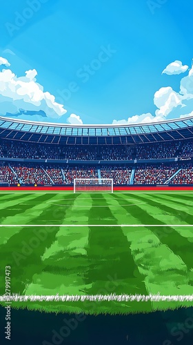 Soccer stadium, full crowd, sunny day, game about to start