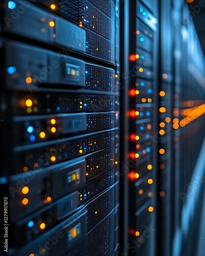 Server racks, illuminated, data center, glowing lights