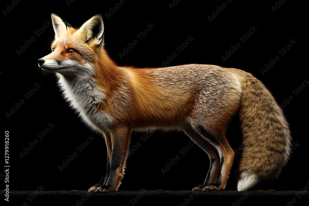 Obraz premium Fox standing on a black background. Animal side portrait.