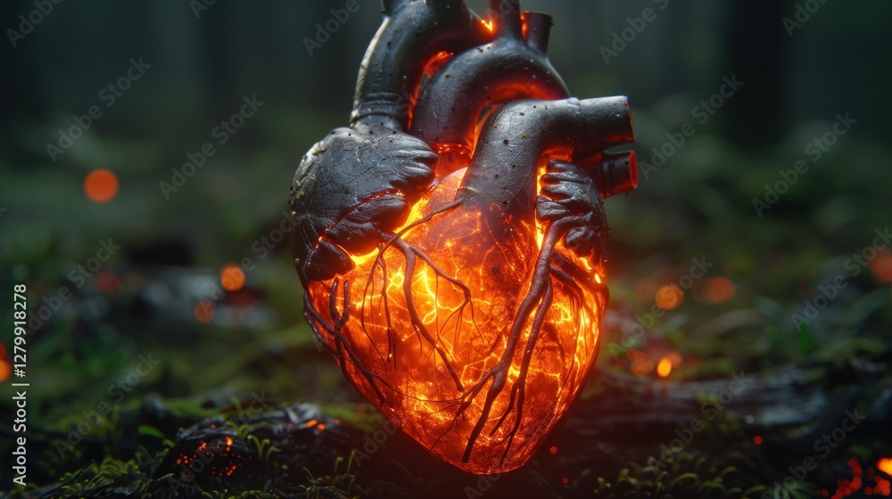 Naklejka premium Fiery Heart in the Forest: A Surreal Digital Art