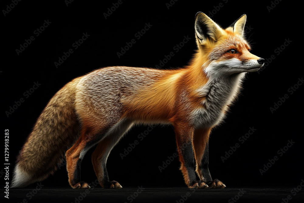 Obraz premium Fox standing on a black background. Animal side portrait.