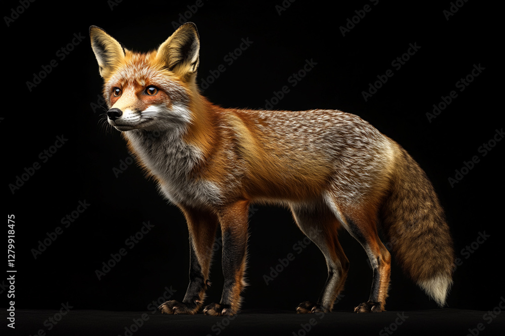 Obraz premium Fox standing on a black background. Animal side portrait.