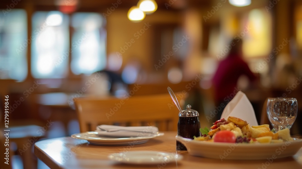 Fototapeta premium Restaurant interior, table with food, blurred background, dining scene