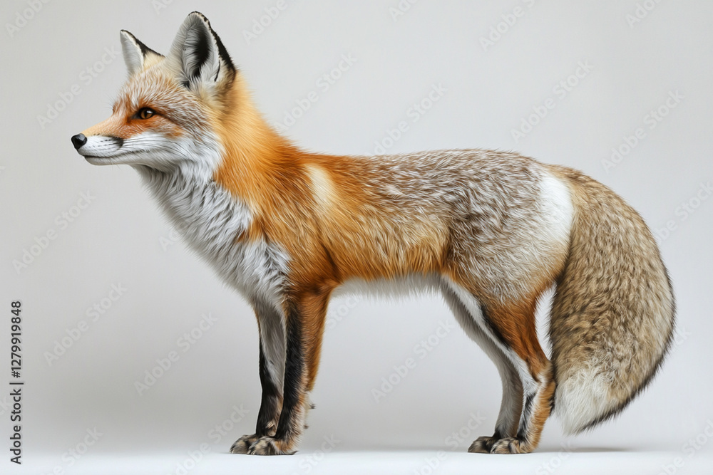 Fototapeta premium Fox standing on a white background. Animal side portrait.