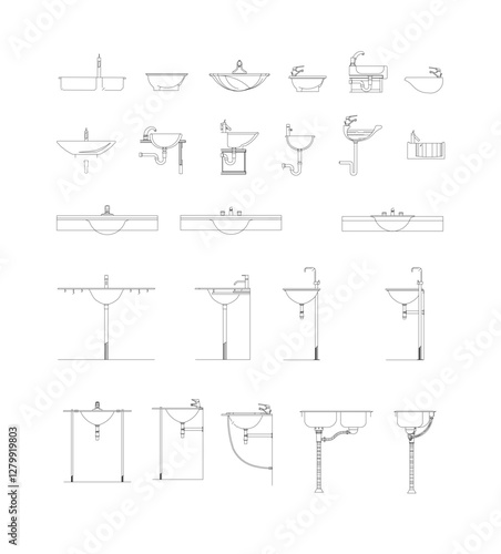 Minimalist 2D block design featuring a sink side view in monochrome