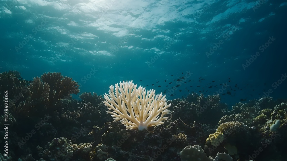 Fototapeta premium Pristine Coral Reef Teeming with Vibrant Marine Life Under Clear Blue Ocean Water
