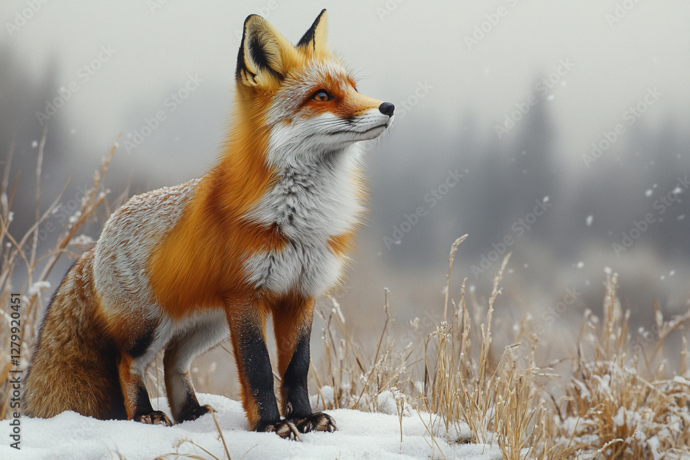 Fototapeta premium Fox standing in a natural landscape. Animal side portrait.