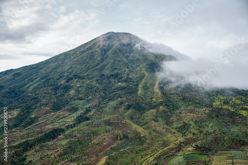 Landscape Mount Sindoro from a close distance with clouds around the peak on a sunny morning. The beautiful and green view of Mount Sindoro from the top of the hill at an altitude of 1800 mdpl photo