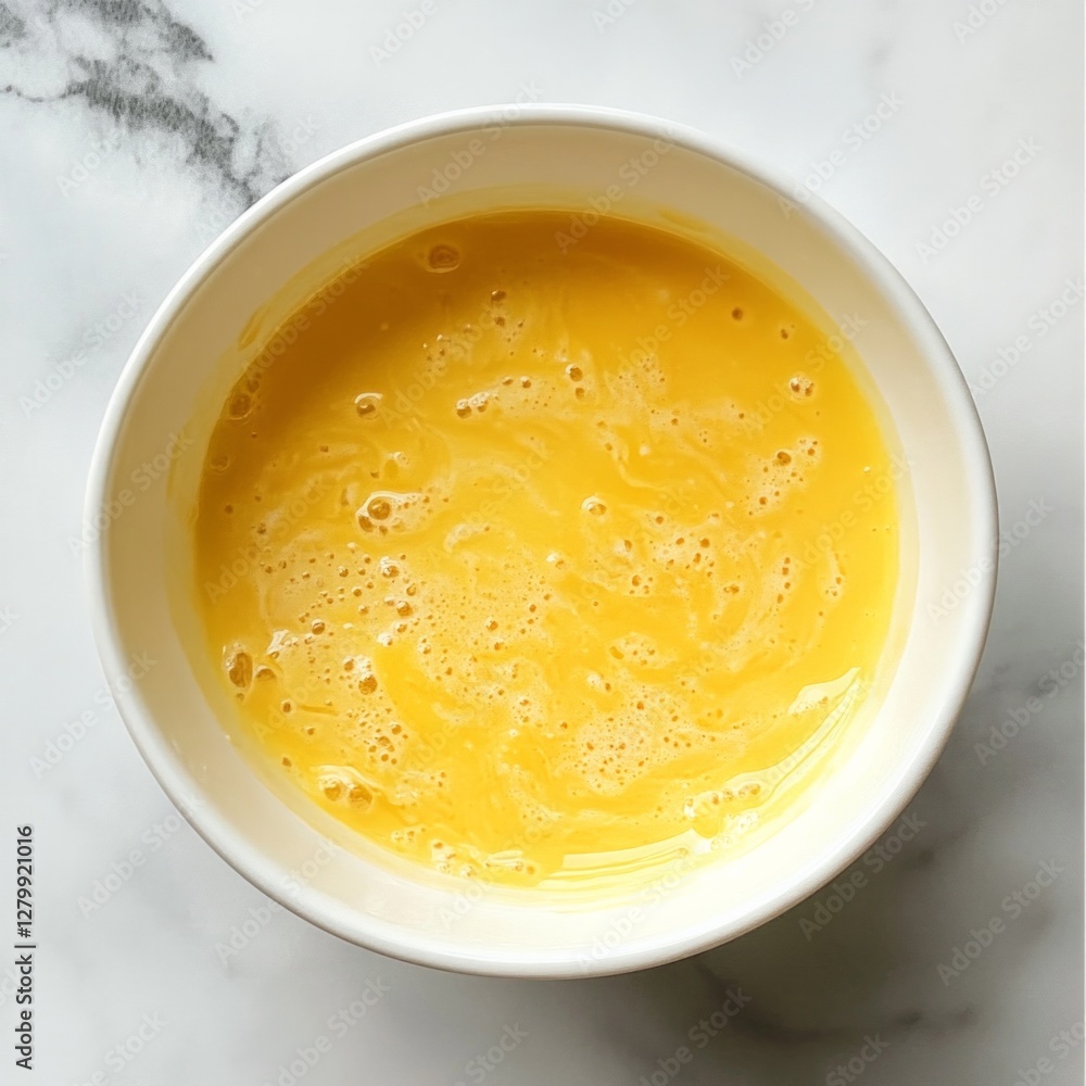Freshly whisked egg mixture in a white bowl against marble background Freshly whisked egg mixture in a white bowl against marble background