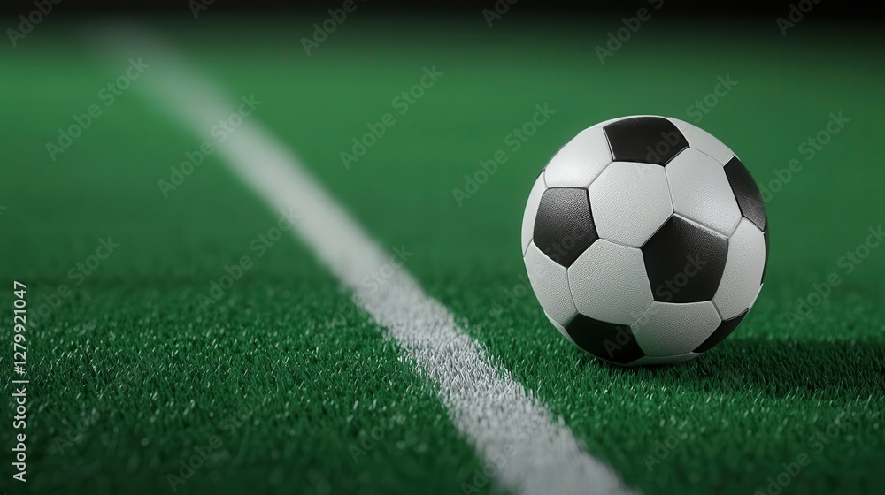 Minimalist 3D Rendering of a Football Positioned on a Green Turf Field with a White Sideline Minimalist 3D Rendering of a Football Positioned on a Green Turf Field with a White Sideline