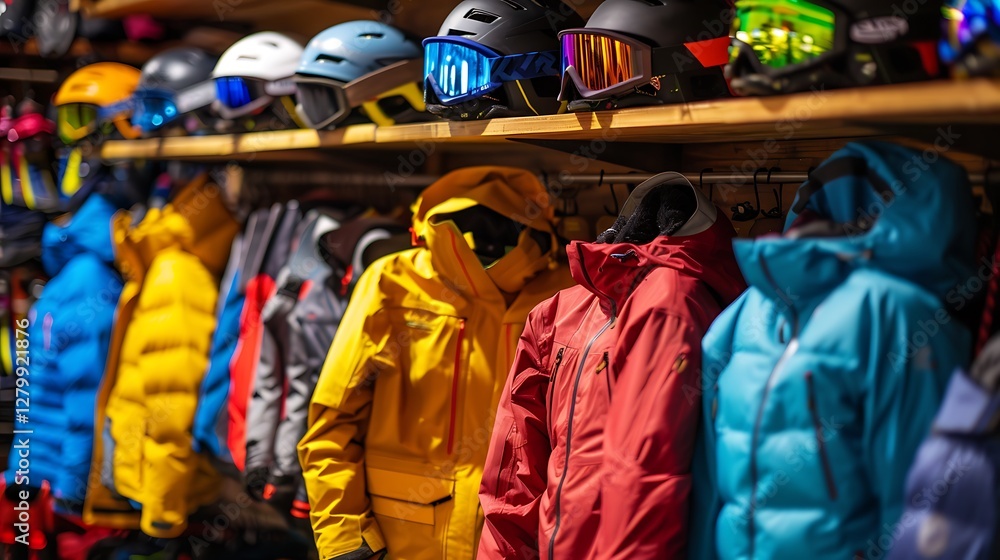 Obraz premium A display of colorful winter sports gear, including jackets, gloves, and helmets, in a mountain shop.