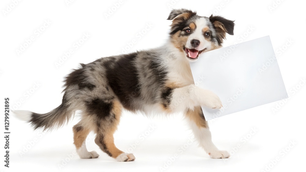 Fototapeta premium Adorable Aussie Puppy Holding Blank Sign, White Background