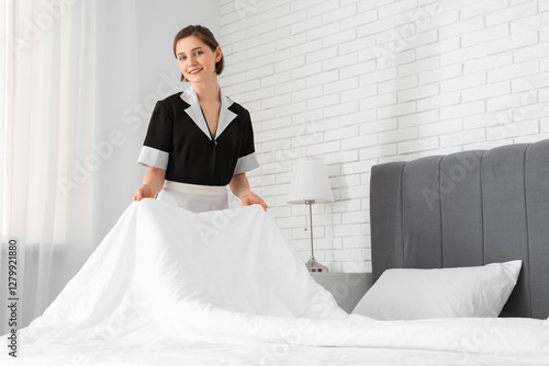 Smiling hotel maid arrangin...