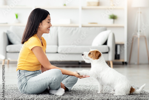 Joyful young asian woman in casual sitting on floor in living room, training her smart fluffy puppy jack russel terrier breed to give a paw, side view, copy space. Dog training at home concept