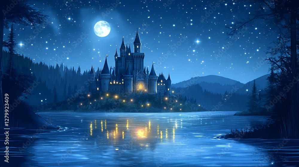 Fototapeta premium Enchanting Castle by Moonlight Lake Under Starry Night Sky