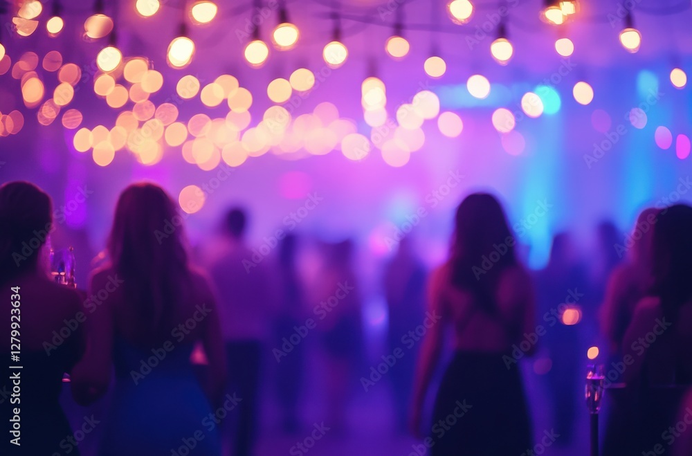 Elegant party atmosphere with colorful bokeh lights and varied people enjoying a vibrant social gathering or celebration in a stylish setting Elegant party atmosphere with colorful bokeh lights and varied people enjoying a vibrant social gathering or celebration in a stylish setting