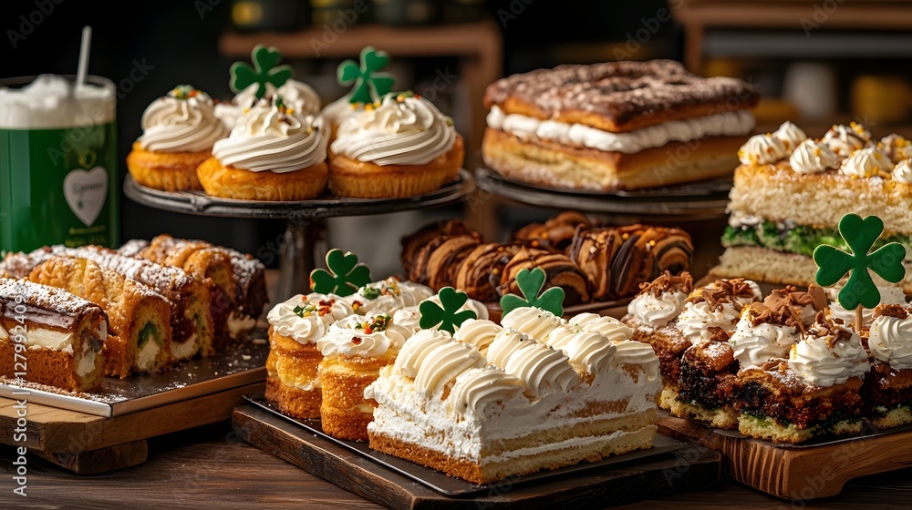 Photograph of an inviting Irish bakery displaying an array of St Patrick s Day themed pastries and desserts with a blurred background providing ample copy space for text overlays Photograph of an inviting Irish bakery displaying an array of St Patrick s Day themed pastries and desserts with a blurred background providing ample copy space for text overlays