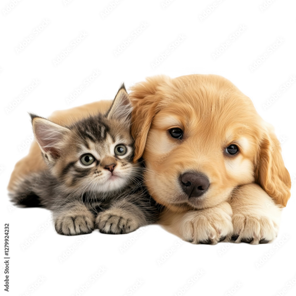 Fototapeta premium Adorable puppy and kitten cuddling together on a soft surface