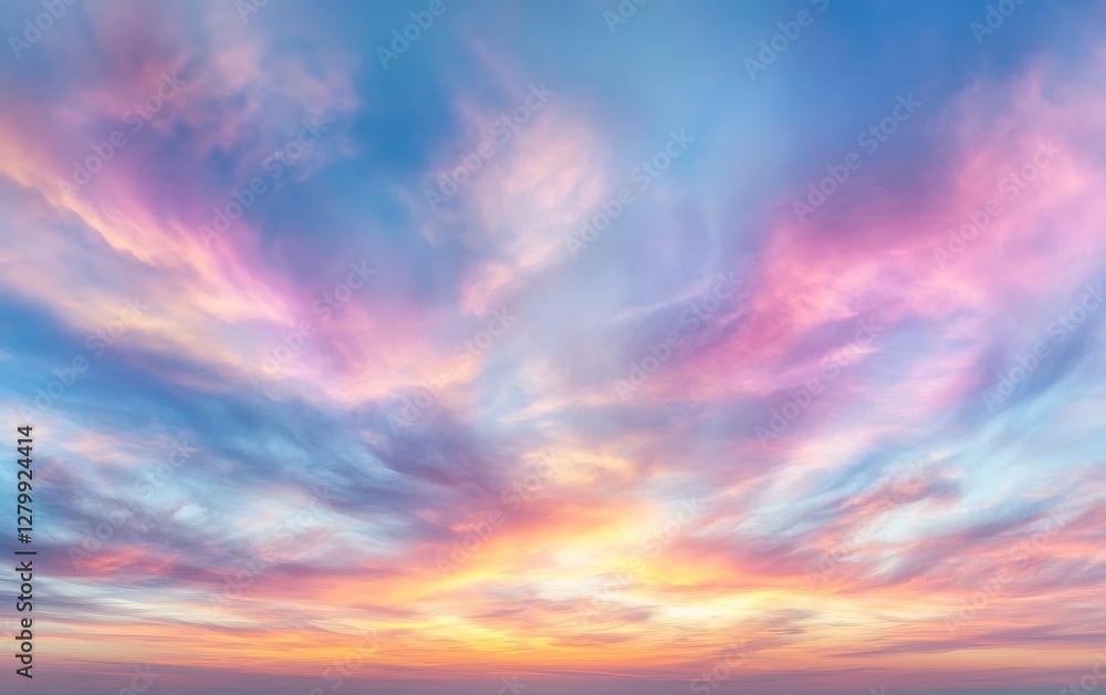 Obraz premium Colorful Sunset Sky; vibrant cloudscape at dusk; ideal for backgrounds; mood board