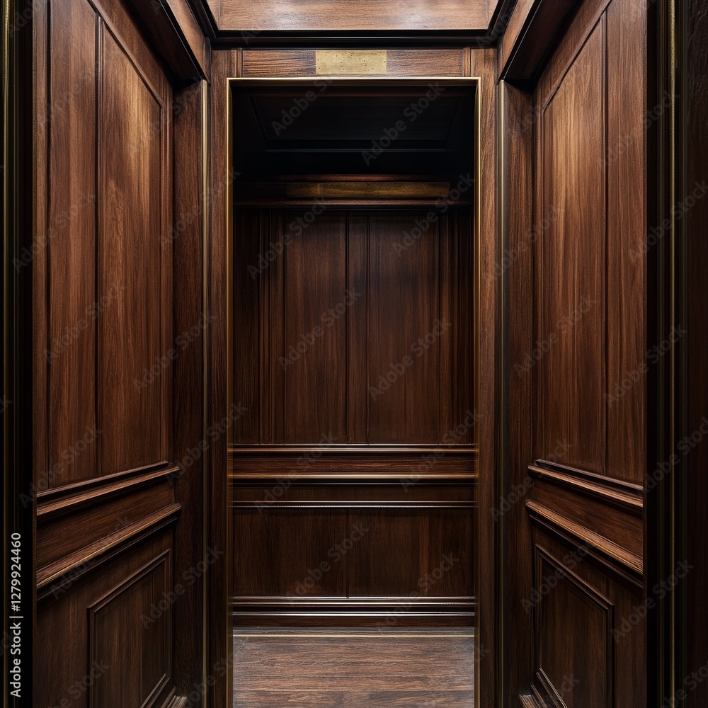Fototapeta premium Elegant Wood-Paneled Elevator Interior with Decorative Trim and Refined Detailing, Offering a Sense of Timeless Luxury.