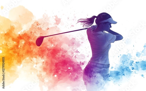 Female Golfer in Action with Abstract Background
