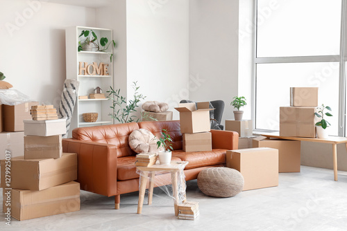 Sofa with table and cardboa...