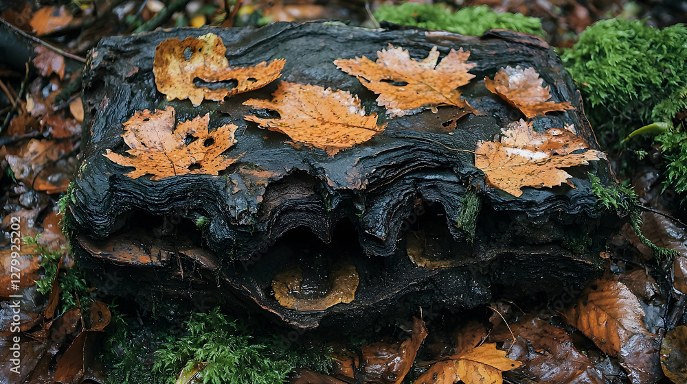 Obraz premium Autumn leaves on dark forest rock, mossy ground. Nature background for website