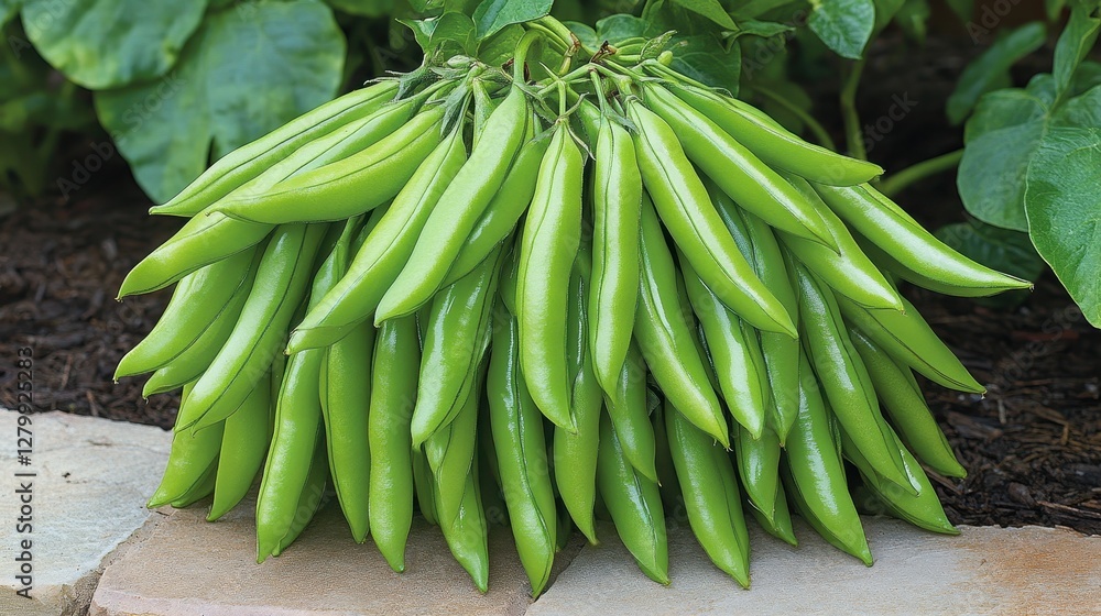 Freshly harvested bunch of green broad beans, plump and vibrant. Perfect for illustrating healthy eating, gardening, or farm-fresh produce. Freshly harvested bunch of green broad beans, plump and vibrant. Perfect for illustrating healthy eating, gardening, or farm-fresh produce.